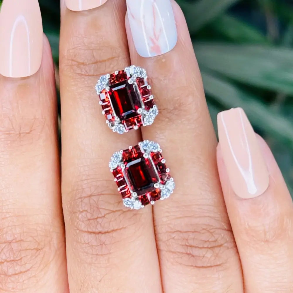 Elegant & Classic Style Real Garnet & American Diamond 925 Sterling Silver Minimal Stud Earrings