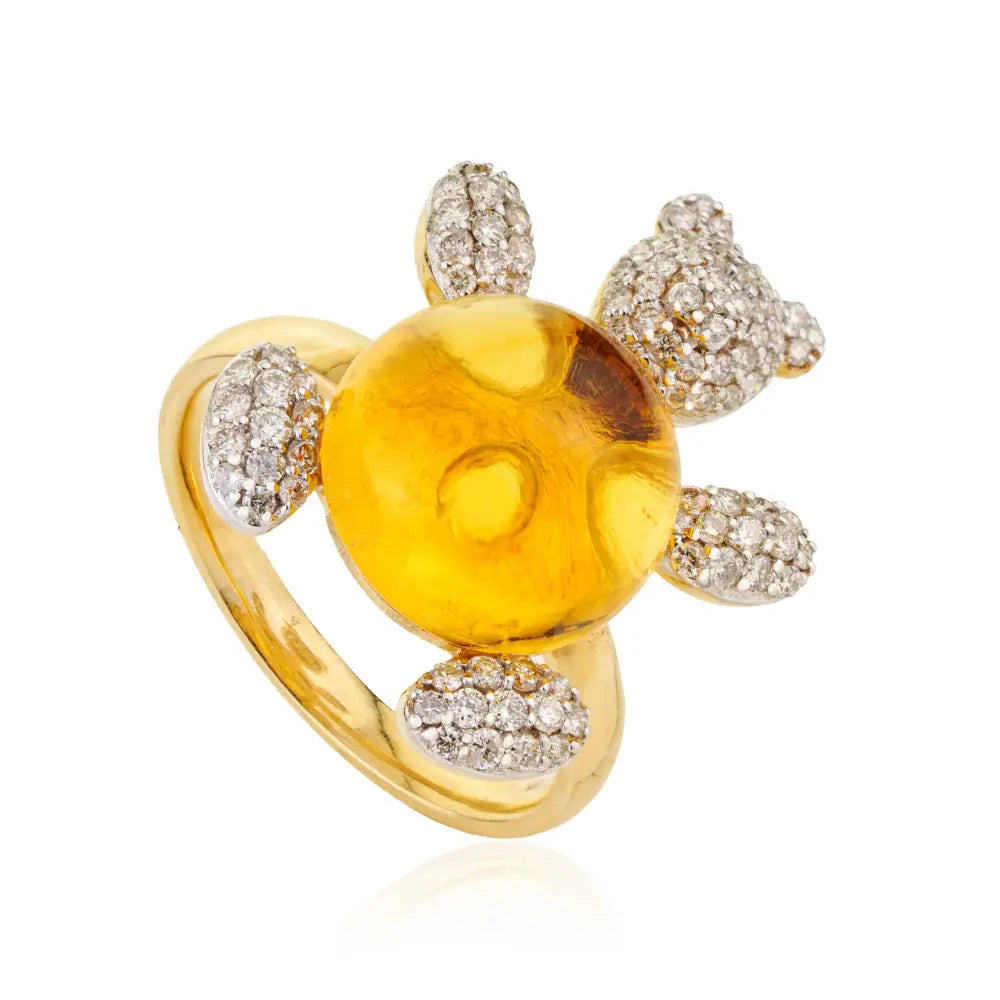 Unique Design Citrine & Diamond K18 Yellow Gold Teddy Bear Ring Statement Jewelry