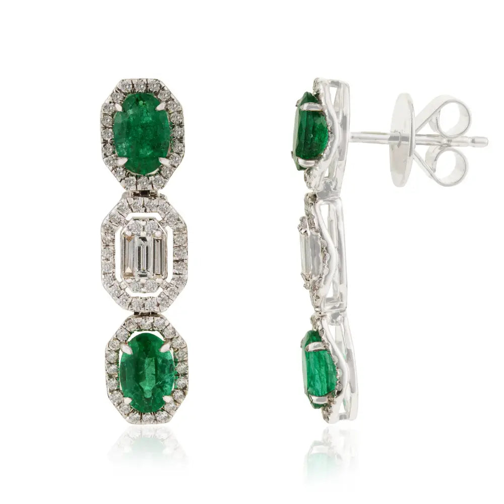May Birthstone Genuine Emerald & Diamond Drop Earrings Luxury 14K White Gold Jewelry
