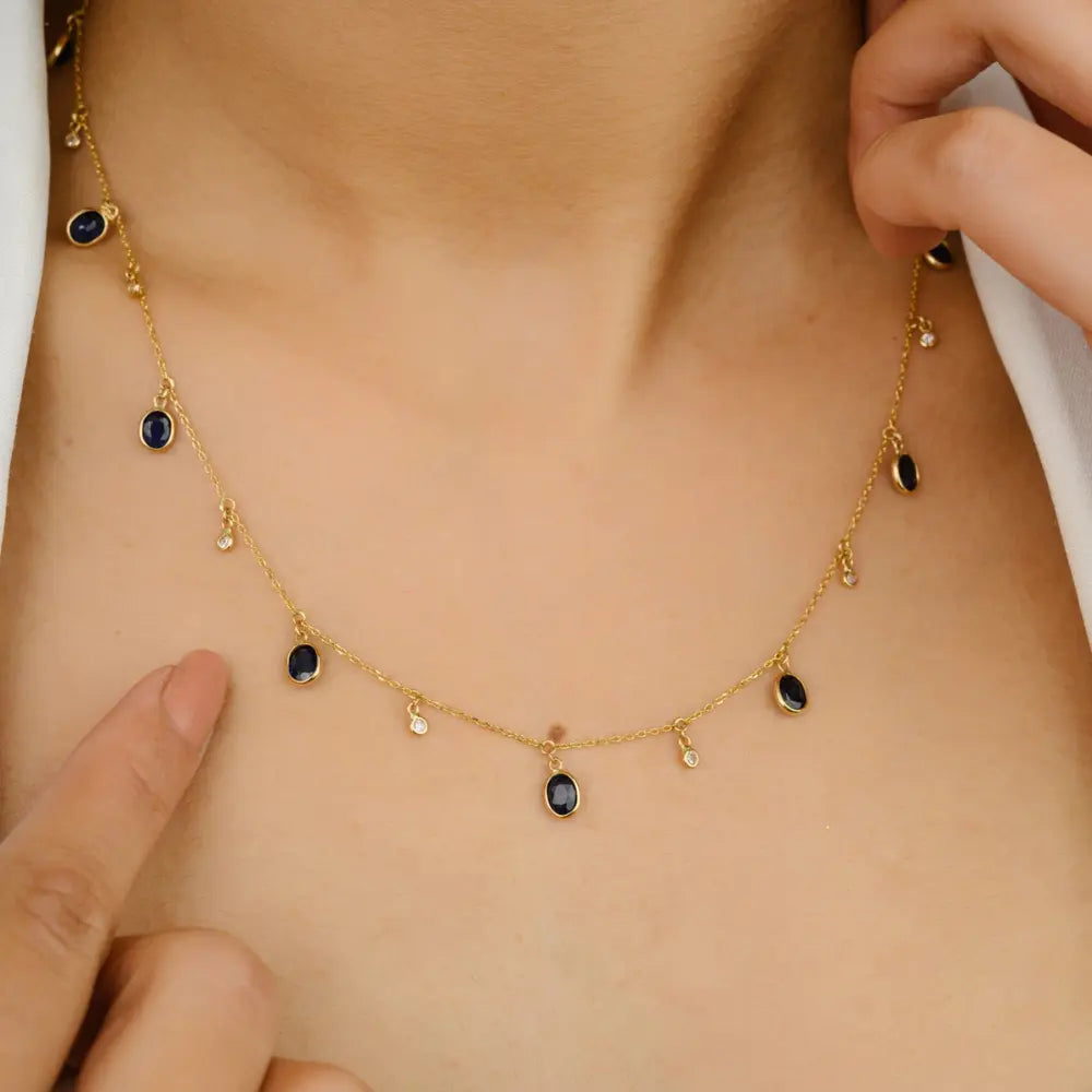 Handcrafted Jewelry Natural Blue Sapphire & Dimond Solid 18K Gold Necklace