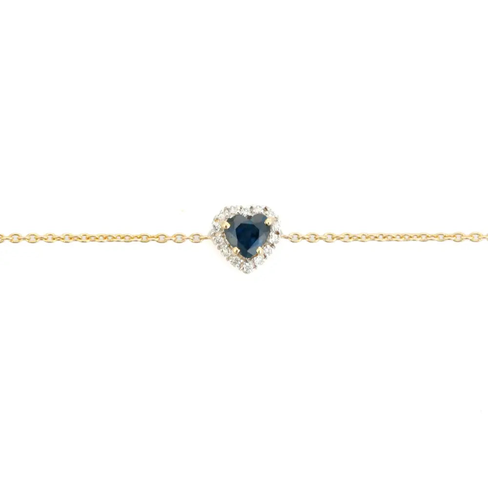 Prong Set Blue Sapphire & Diamond Heart Shape Halo Solitaire Bracelet 14K Yellow Gold Jewelry