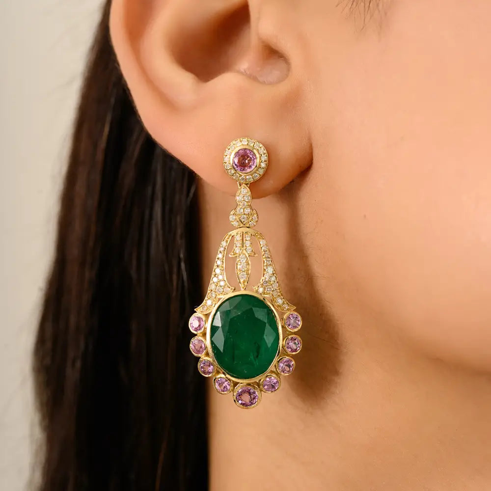 Luxurious Emerald Pink Sapphire & Diamond 14K Yellow Gold Wedding Chandelier Earrings