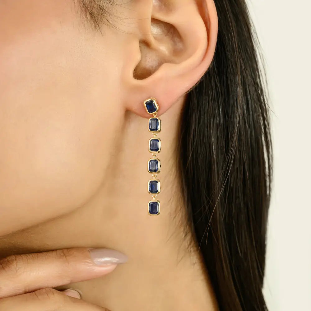 Blue Sapphire Bezel Setting Long Dangle Earrings 14K Solid Yellow Gold Women Gemstone Jewelry