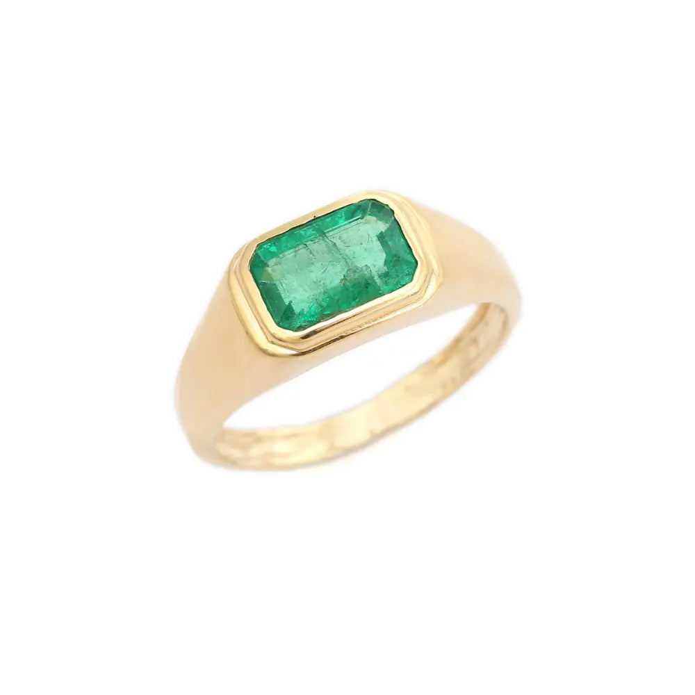 Bezel Set Zambian Emerald Trending East West Signet Ring 14K Real Yellow Gold Fine Jewelry