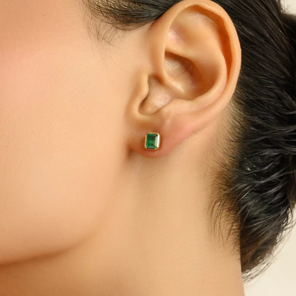Bezel Set Zambian Emerald Single Stone Stud Earrings Handmade 14K Yellow Gold Jewelry