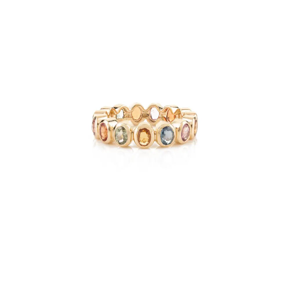 Fine Jewelry 14K Solid Yellow Gold Multi Gemstone Eternity Band Ring