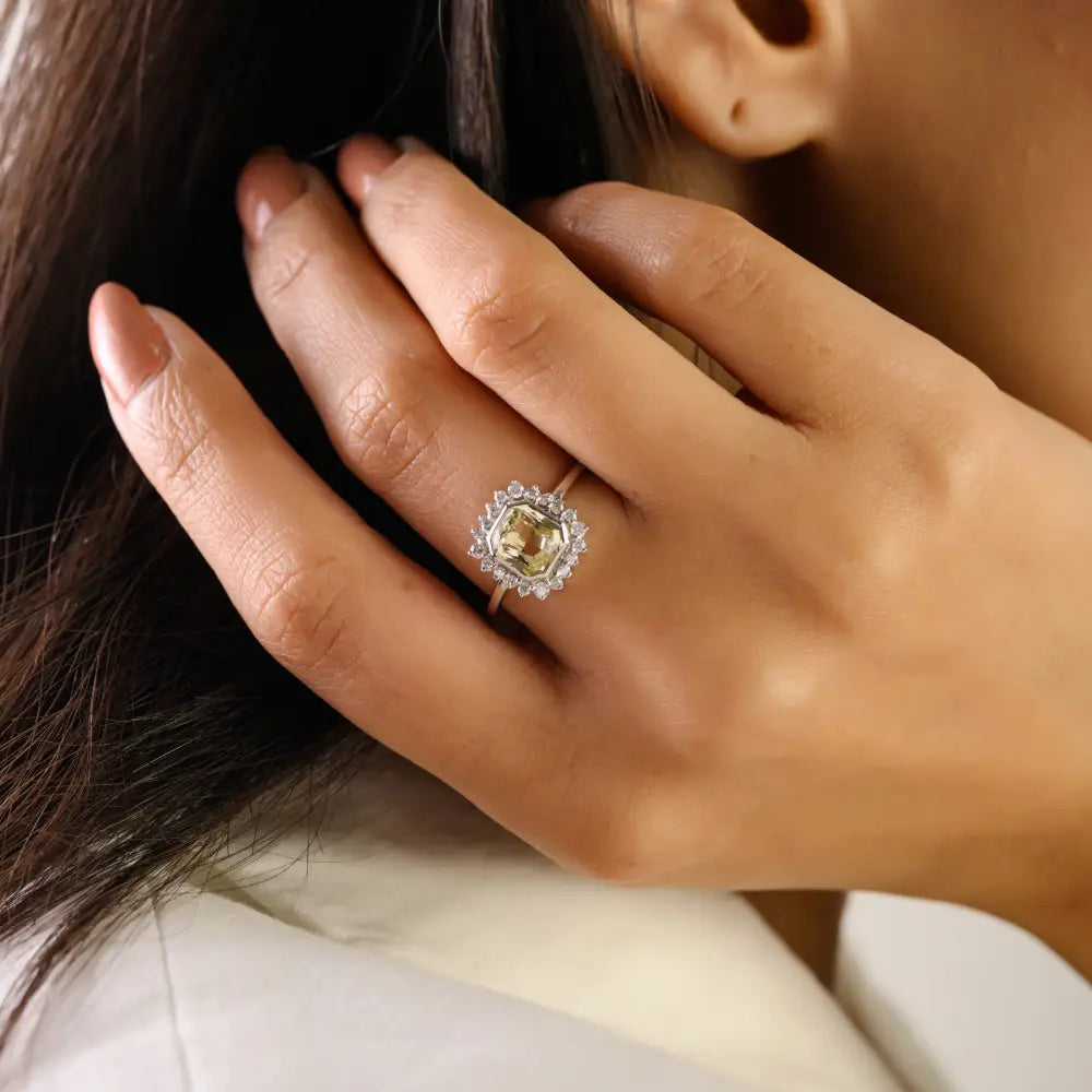 14K Solid White Gold Yellow Sapphire & Diamond Halo Statement Ring Birthstone Jewelry