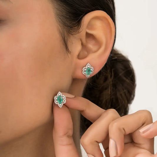 Vintage Style Gemstone Stud Earrings Featuring Emerald & Diamond K14 Real White Gold Jewelry