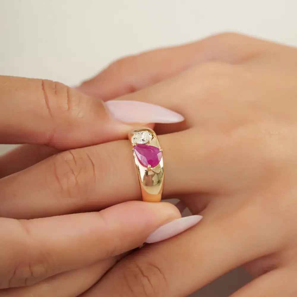 Real K14 Yellow Gold Genuine Ruby & Diamond Toi et Moi Chunky Dome Ring For Wedding