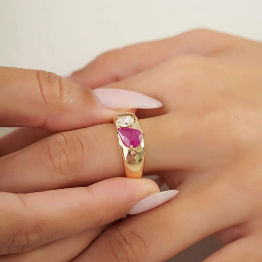 Real K14 Yellow Gold Genuine Ruby & Diamond Toi et Moi Chunky Dome Ring For Wedding