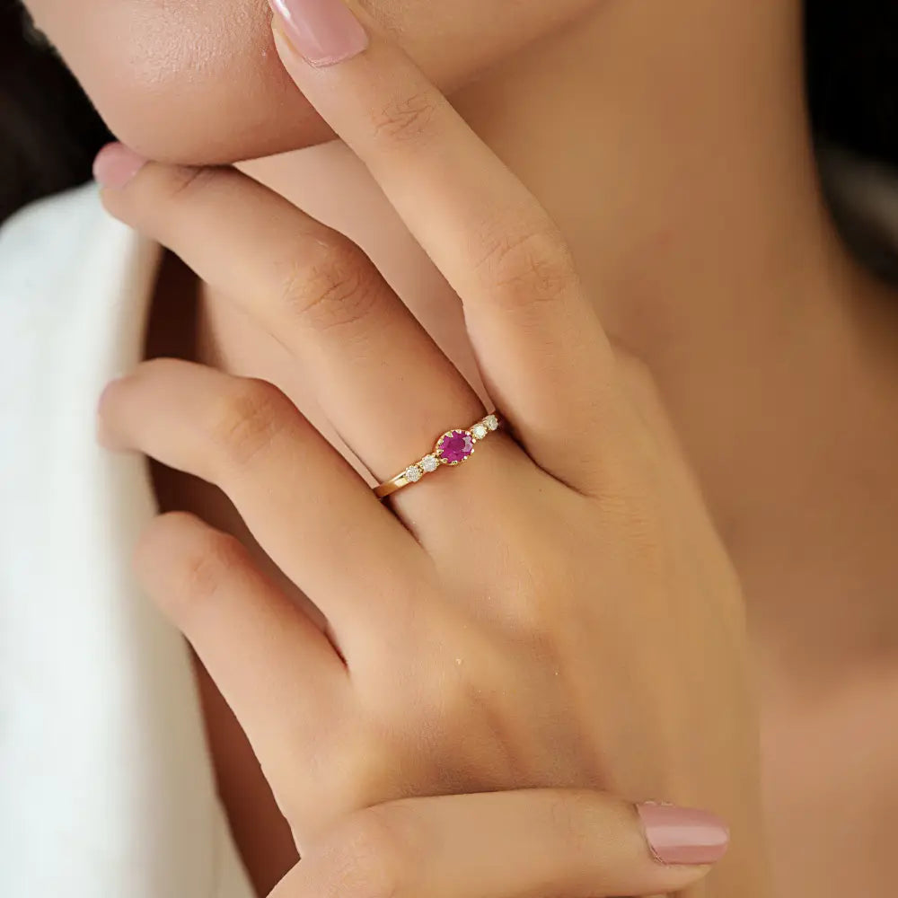 Pinion Bezel Set Ruby & Diamond Minimalist Dainty Ring Solid 14K Real Yellow Gold Fine Jewelry