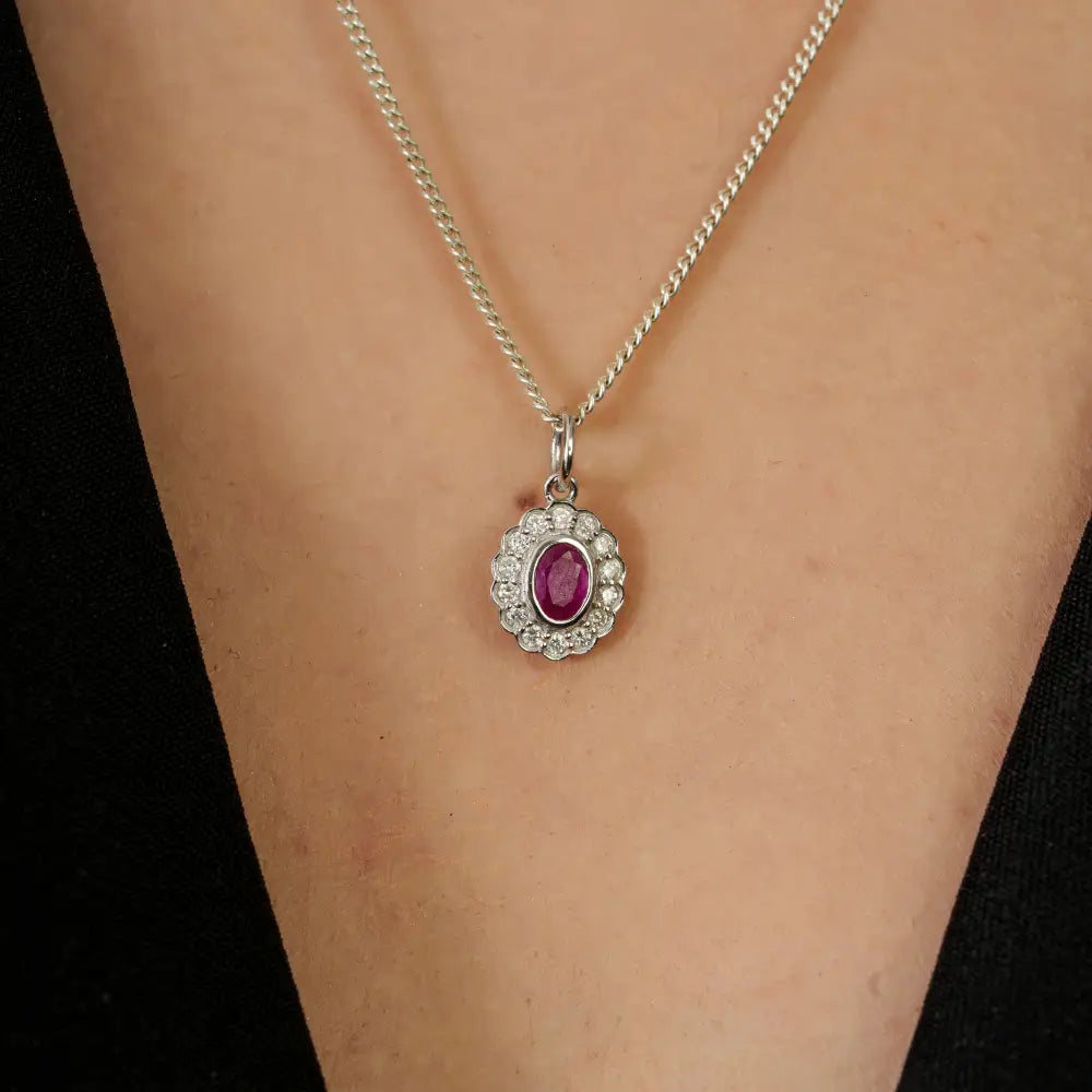 Precious Gemstone Ruby & Diamond Solid 14K White Gold Small Cluster Pendant Anniversary Gift