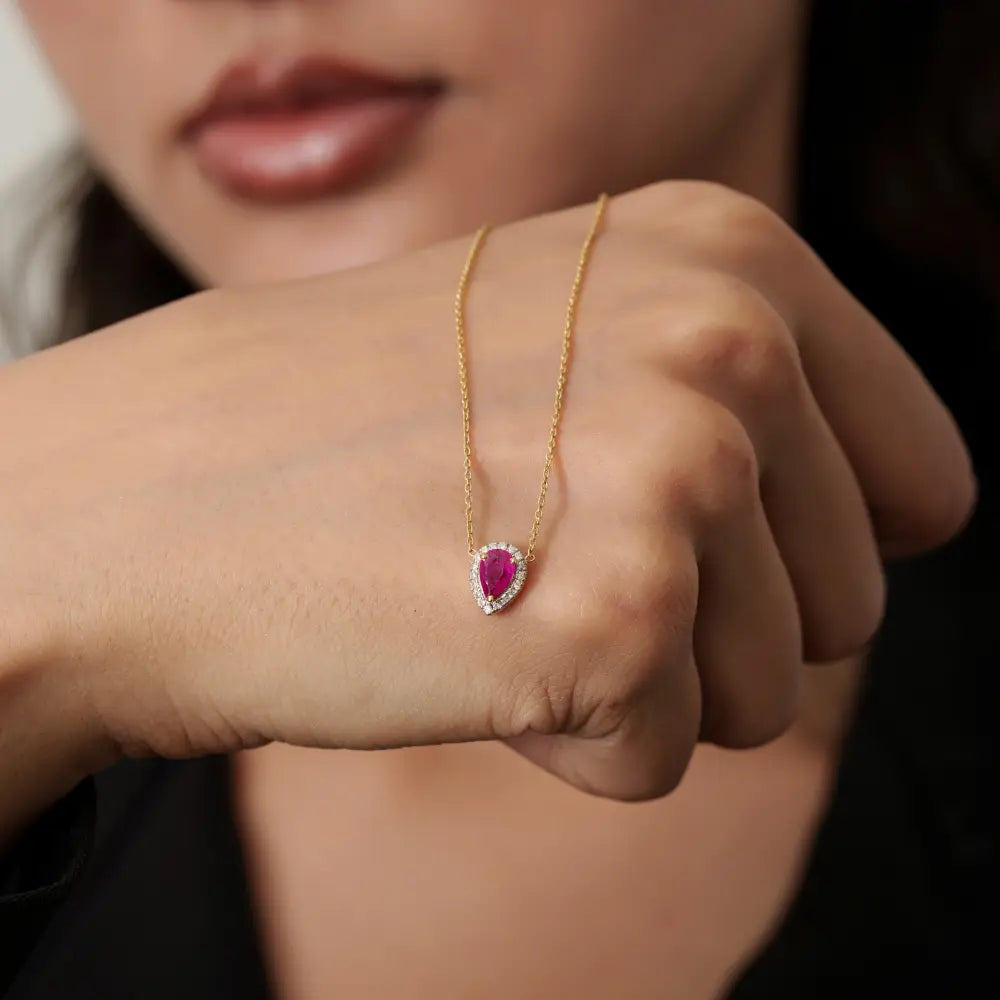100% Genuine Ruby & Diamond 18K Pure Yellow Gold Single Stone Halo Pendant Necklace