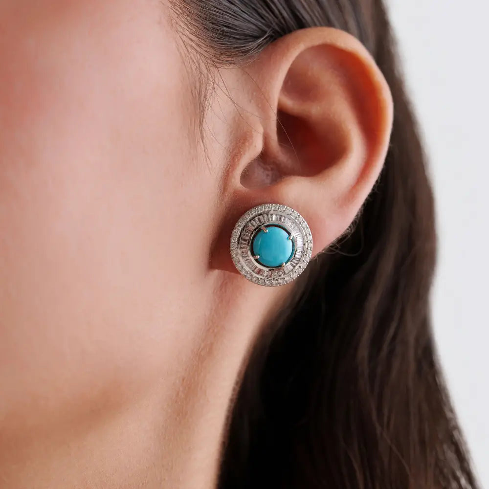 Trending Products 14K White Gold Turquoise & Diamond Round Shape Double Halo Stud Earrings