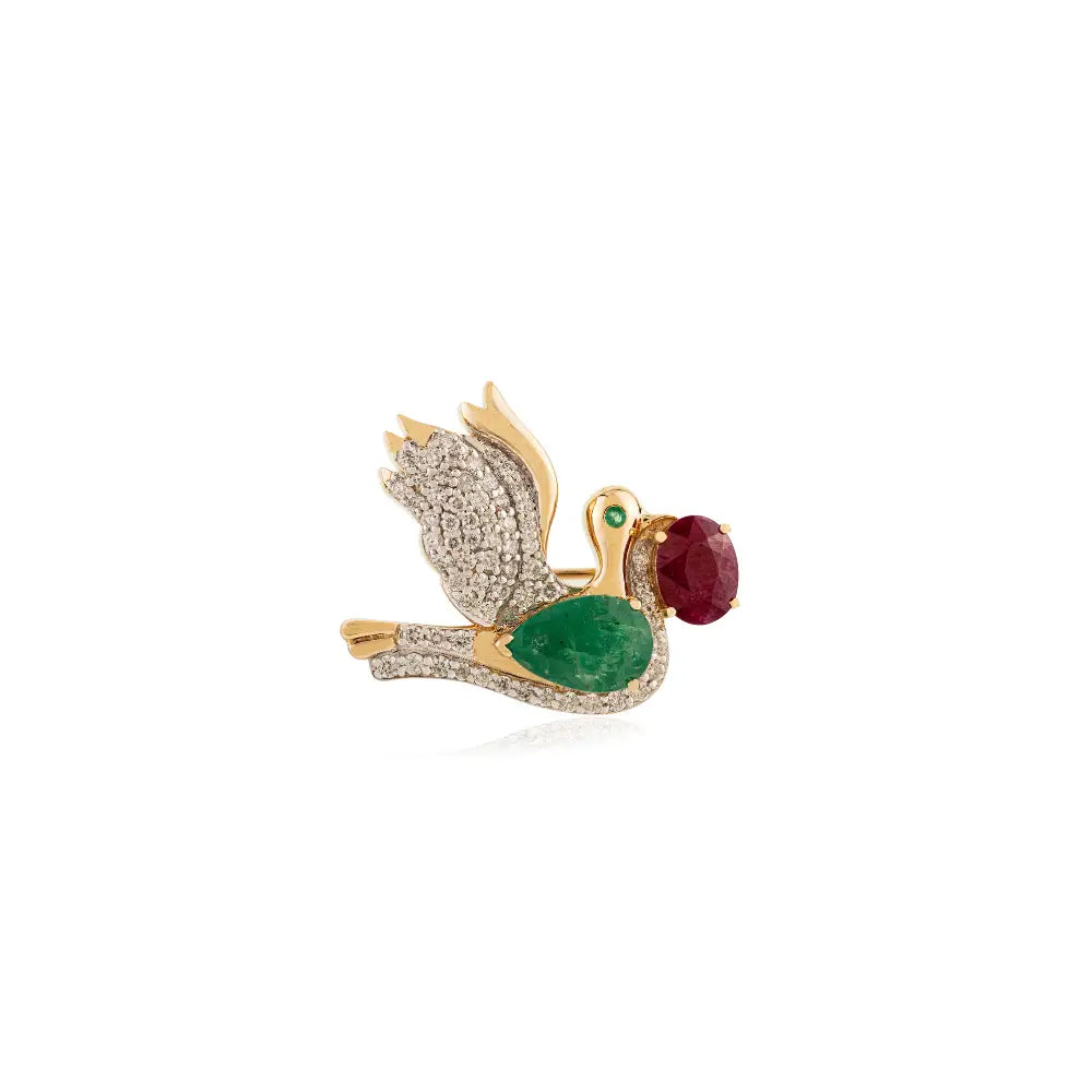 New Creative Design Emerald Ruby & Diamond Dove Brooch K14 Gold Unisex Wedding Jewelry