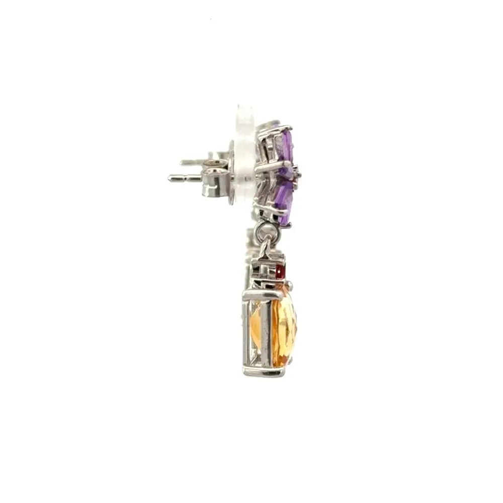 Genuine Multi Gemstone Flower Dangle Drop Earrings In 925 Sterling Silver Rhodium Plated Jewelry
