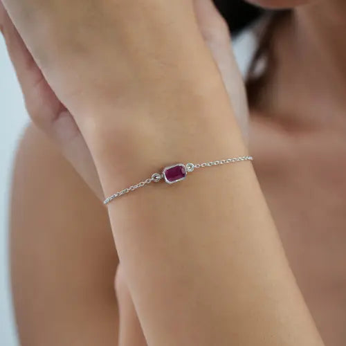 Octagon Shape Natural Ruby Dainty Station Bracelet Real 925 Silver Minimal Jewelry