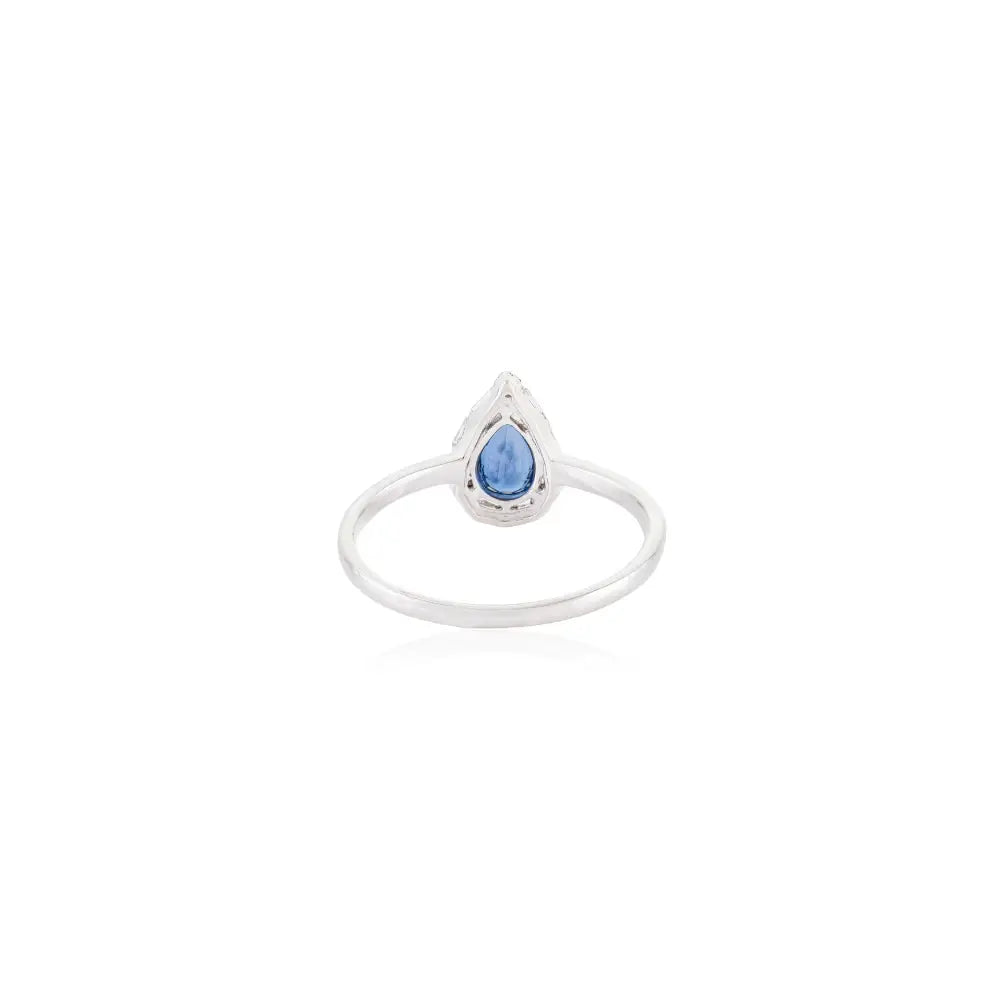 Handmade Blue Sapphire & Diamond Pear Shape Halo Stackable Ring 14K White Gold Fine Jewelry