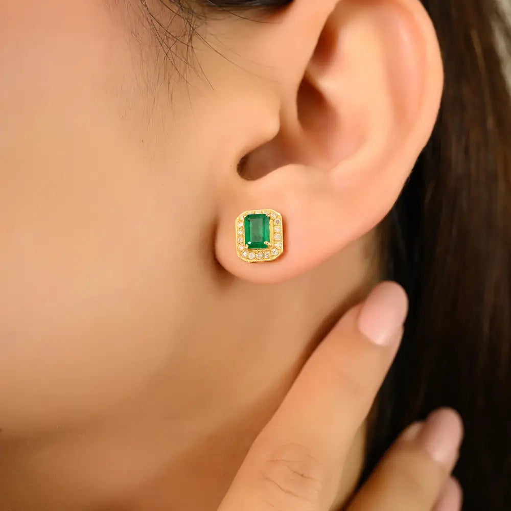 K14 Yellow Gold Octagon Shape Emerald & Diamond Push Back Halo Stud Earrings Women