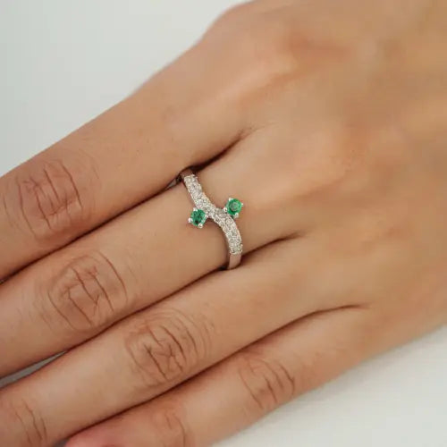 May Birthstone Round Emerald & Diamond 925 Sterling Silver Wave Band Ring For Women's Everyday Wear