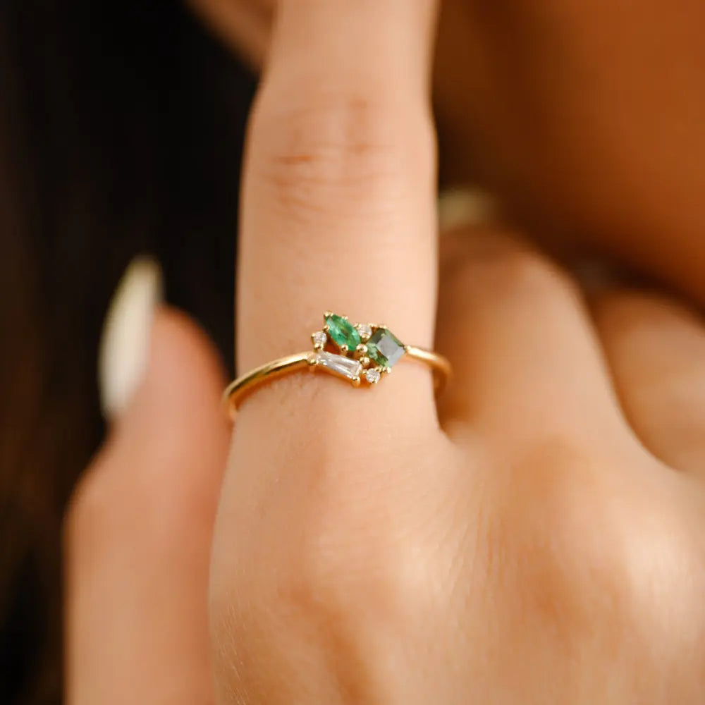 Minimal Jewelry Natural Emerald Sapphire & Diamond 18K Solid Yellow Gold Ring