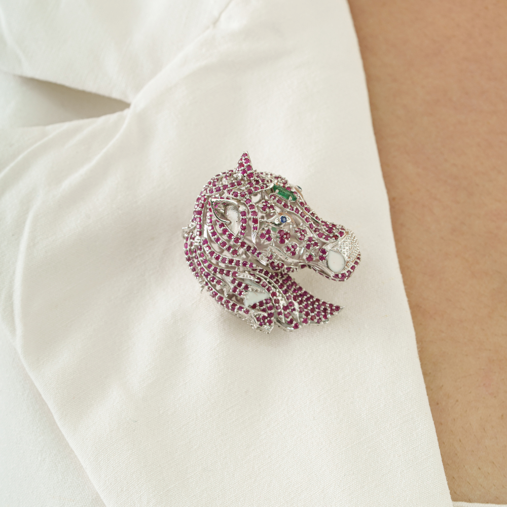 Unique Creative Design 925 Sterling Silver Natural Ruby Gemstone Horse Brooch Fine Jewelry