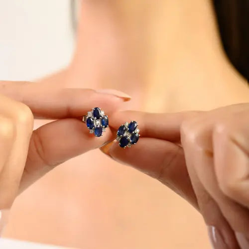 Minimal 925 Sterling Silver 100% Authentic Blue Sapphire & Diamond Stud Earrings