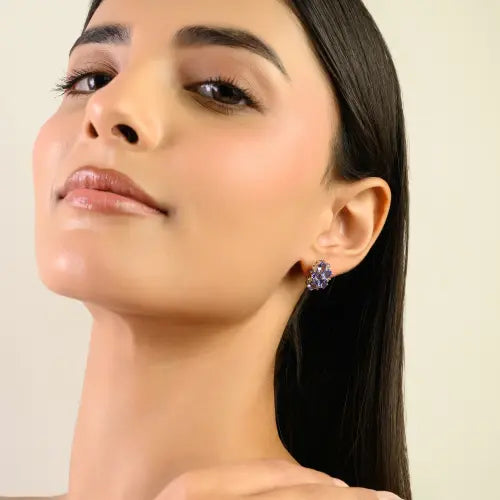 925 Silver Elegant Floral Cluster Natural Tanzanite & Diamond Stud Earrings For Women