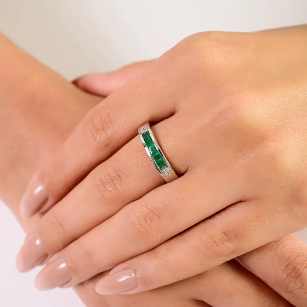 Best Selling Princess Cut Natural Emerald & Diamond Stacking Half Eternity Band Ring 925 Silver