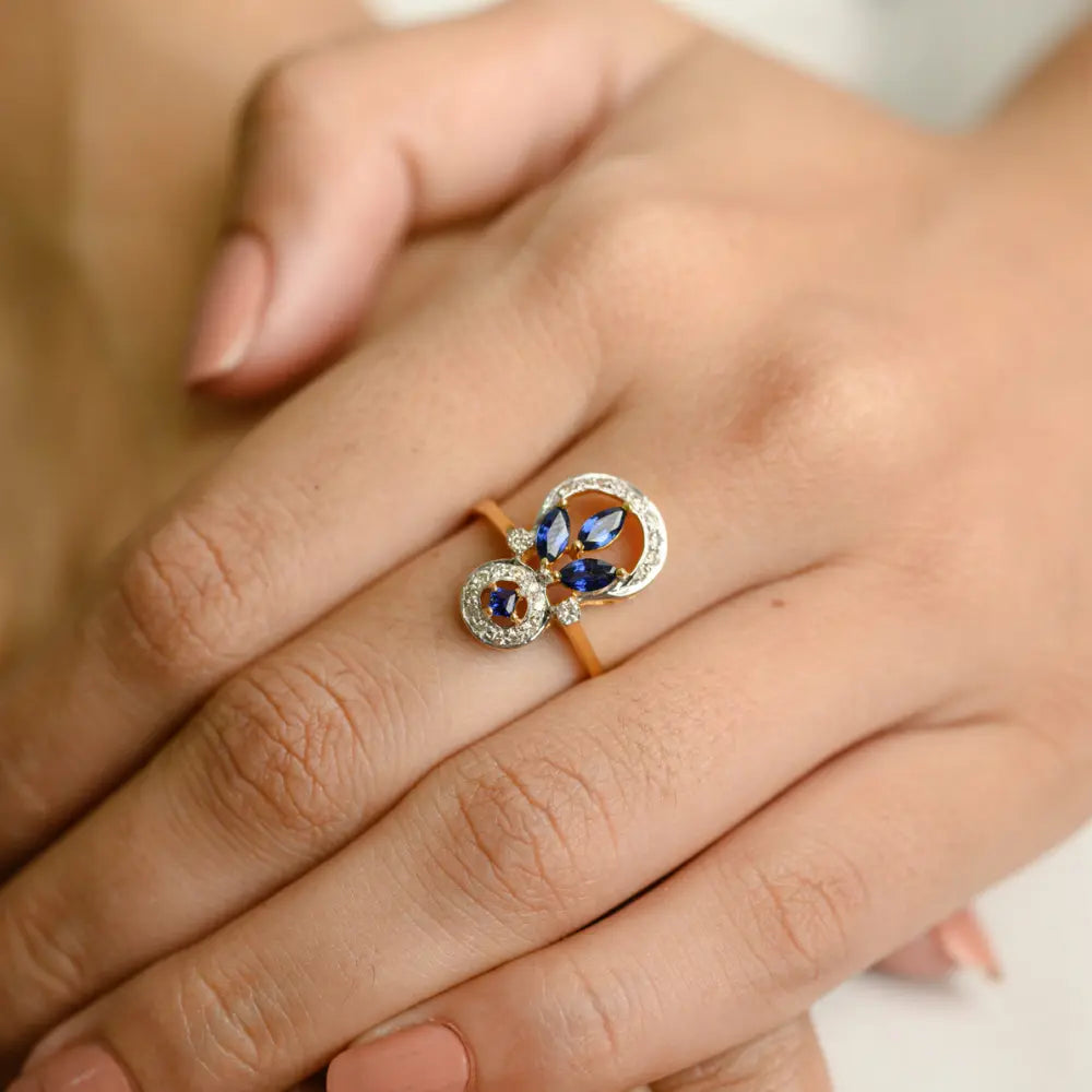 Classic Hot Selling Product Natural Blue Sapphire & Diamond 18K Solid Yellow Gold Flower Design Ring