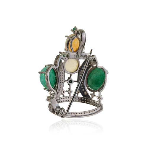 925 Sterling Silver Genuine Emerald & Opal Gemstone Crown Design Brooch Pendant Jewelry
