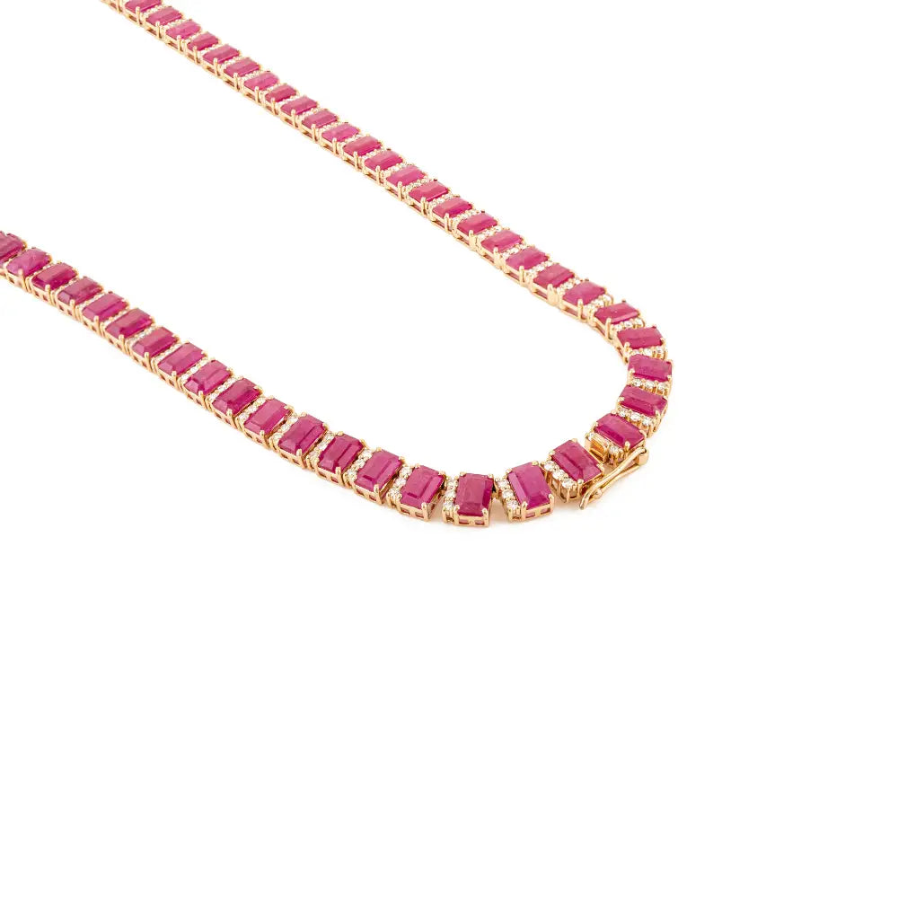 Bridal Jewelry Gemstone Ruby & Diamond Statement Tennis Necklace 14K Solid Yellow Gold