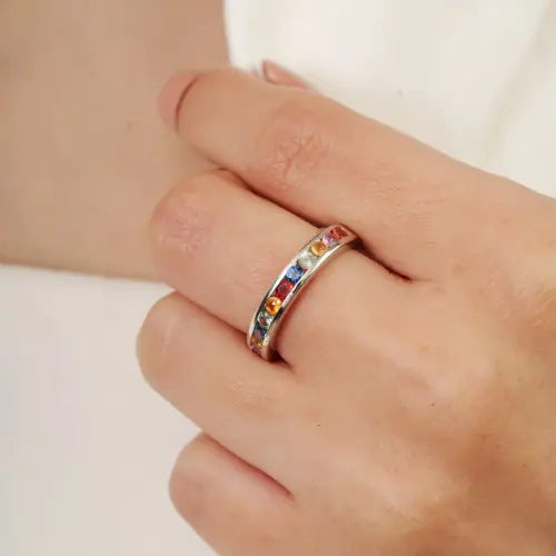 2.5 mm Round Cut Multi Sapphire Gemstone Channel Set 925 Sterling Silver Half Eternity Band Ring