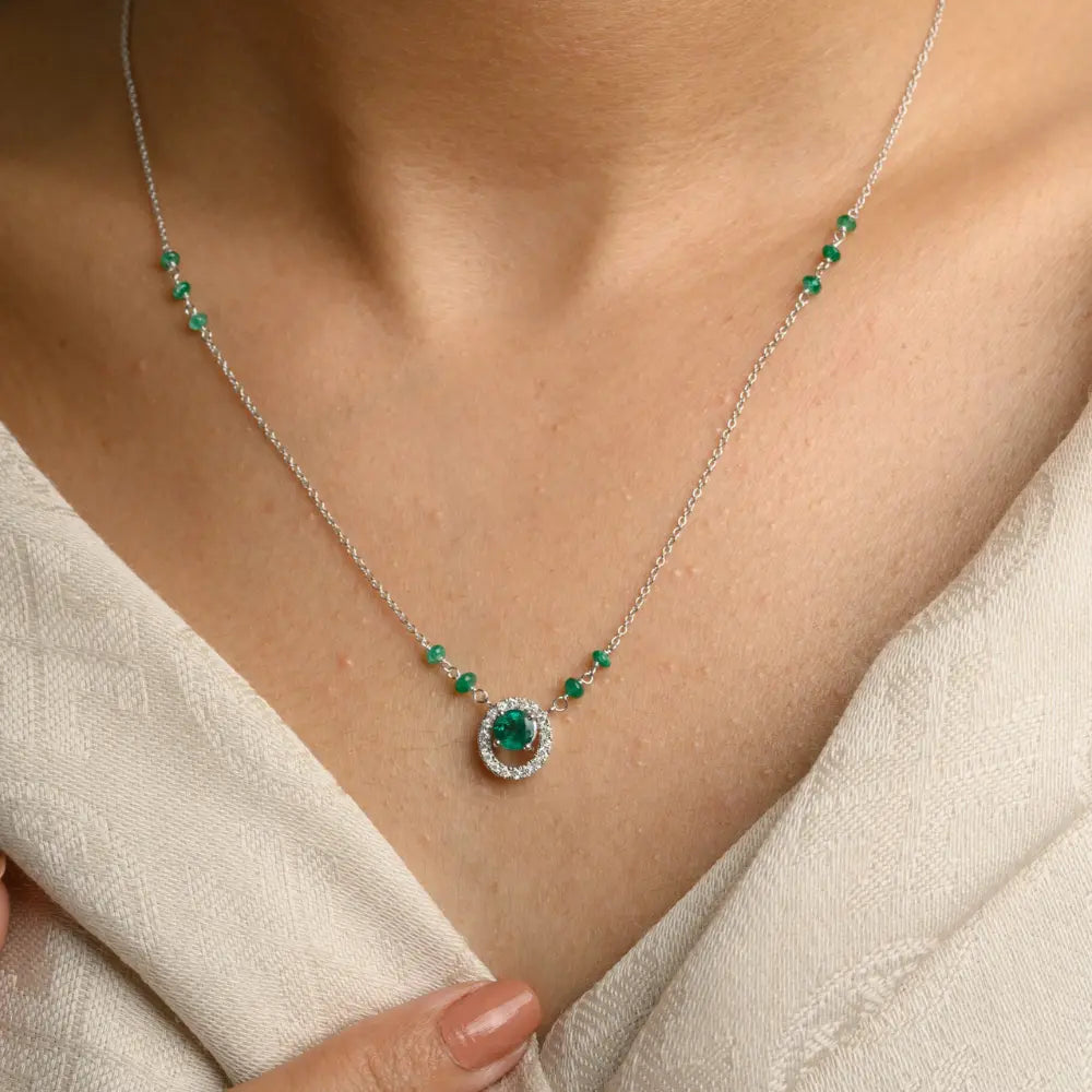 Minimal Jewelry Natural Emerald & Diamond 18K Solid White Gold Long Chain Necklace