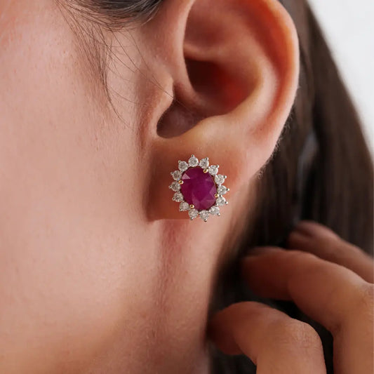 Customized Ruby & Diamond Solid 18K Yellow Gold Cluster Stud Earrings Latest Jewelry