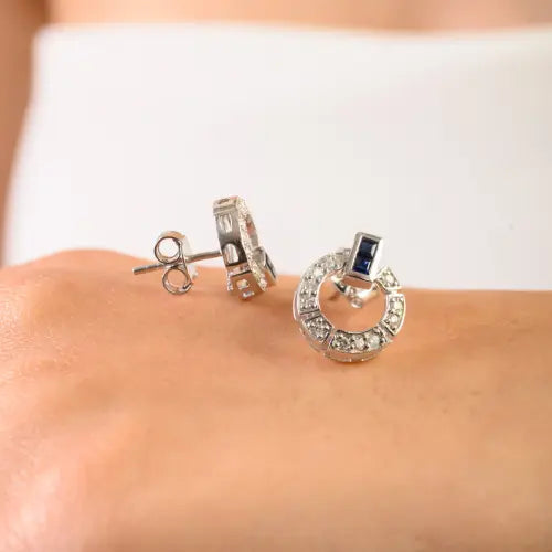 100% Authentic Blue Sapphire & Diamond Circular Shape 925 Silver Studs Earrings