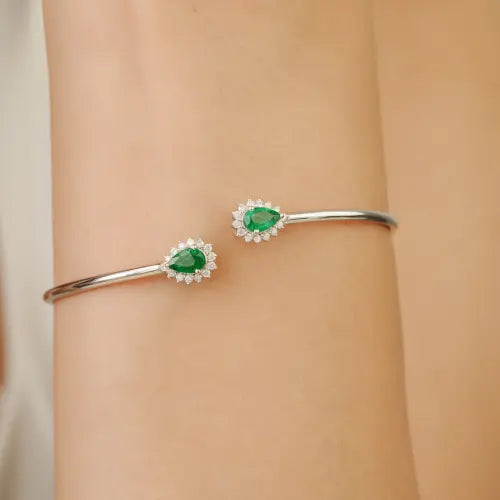 May Birthstone 925 Sterling Silver Natural Pear Cut Emerald & Diamond Open Cuff Bangle