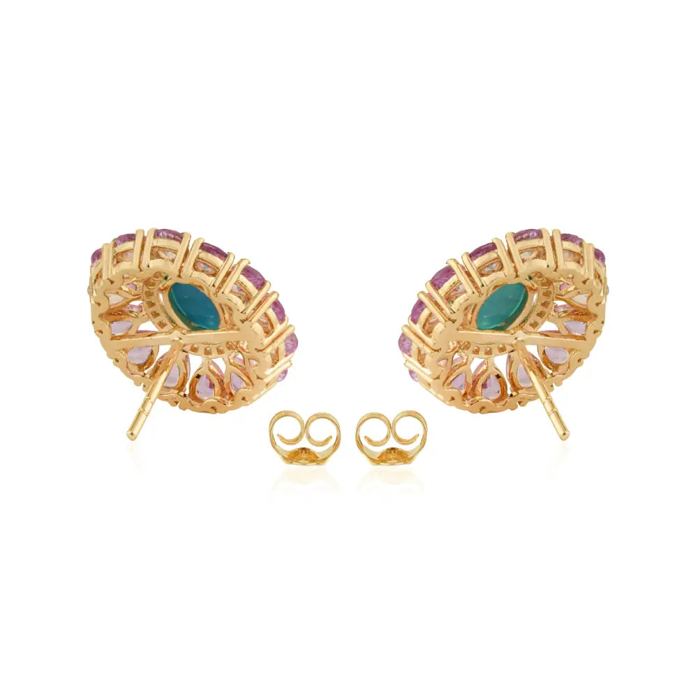 Women's Trendy 14K Yellow Gold Turquoise Pink Sapphire & Diamond Flower Stud Earrings