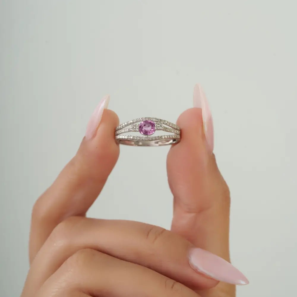 14K Real White Gold Pink Sapphire & Diamond Triple Layer Engagement Ring Custom Jewelry