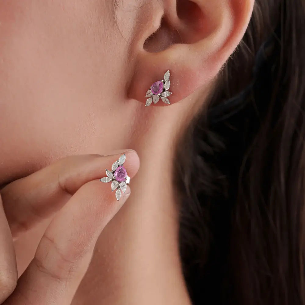 Unique Design Pink Sapphire & Diamond Stud Earrings Birthstone Jewelry 14K White Gold