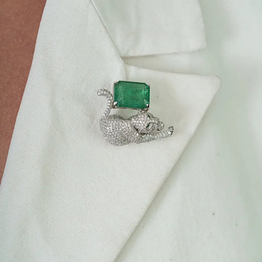 6.5 Ct. Zambian Emerald & Diamond Panther Brooch Party Wear 14K Real White Gold Jewelry