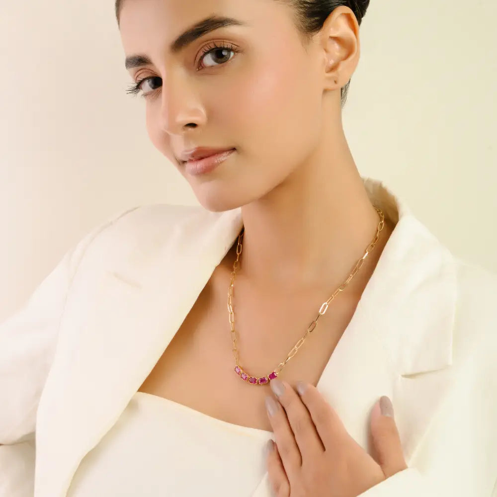 Hot Sale Pinion Bezel Set Ruby Paperclip Chain Five Stone Necklace Women Solid 18K Yellow Gold