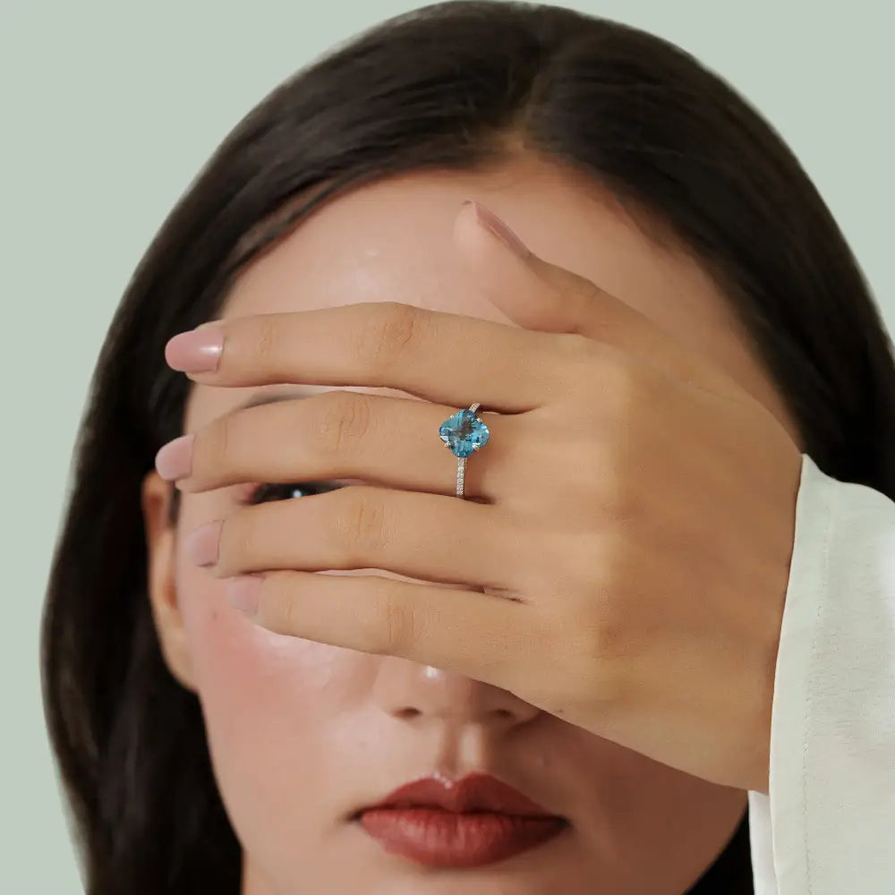 14K Real White Gold Blue Topaz & Diamond Four Leaf Clover Shape Minimal Ring Fine Jewelry