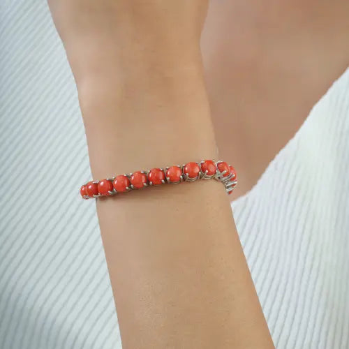 Beautiful 6 mm Round Natural Coral Gemstone 925 Sterling Silver Tennis Bracelet For Women's