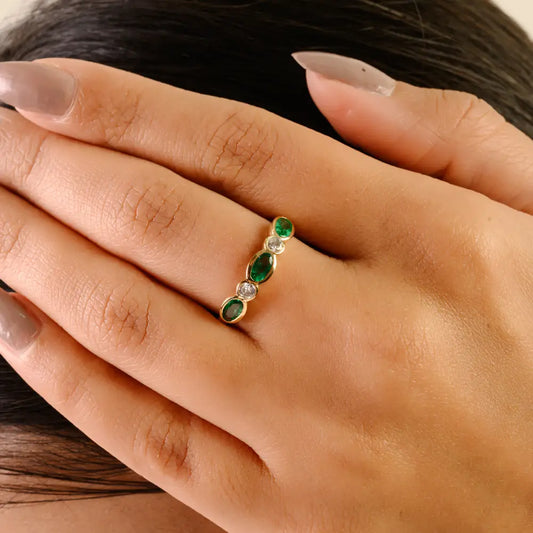 Simple Design 18K Yellow Gold Emerald & Diamond Stacked Half Eternity Band Ring Unisex