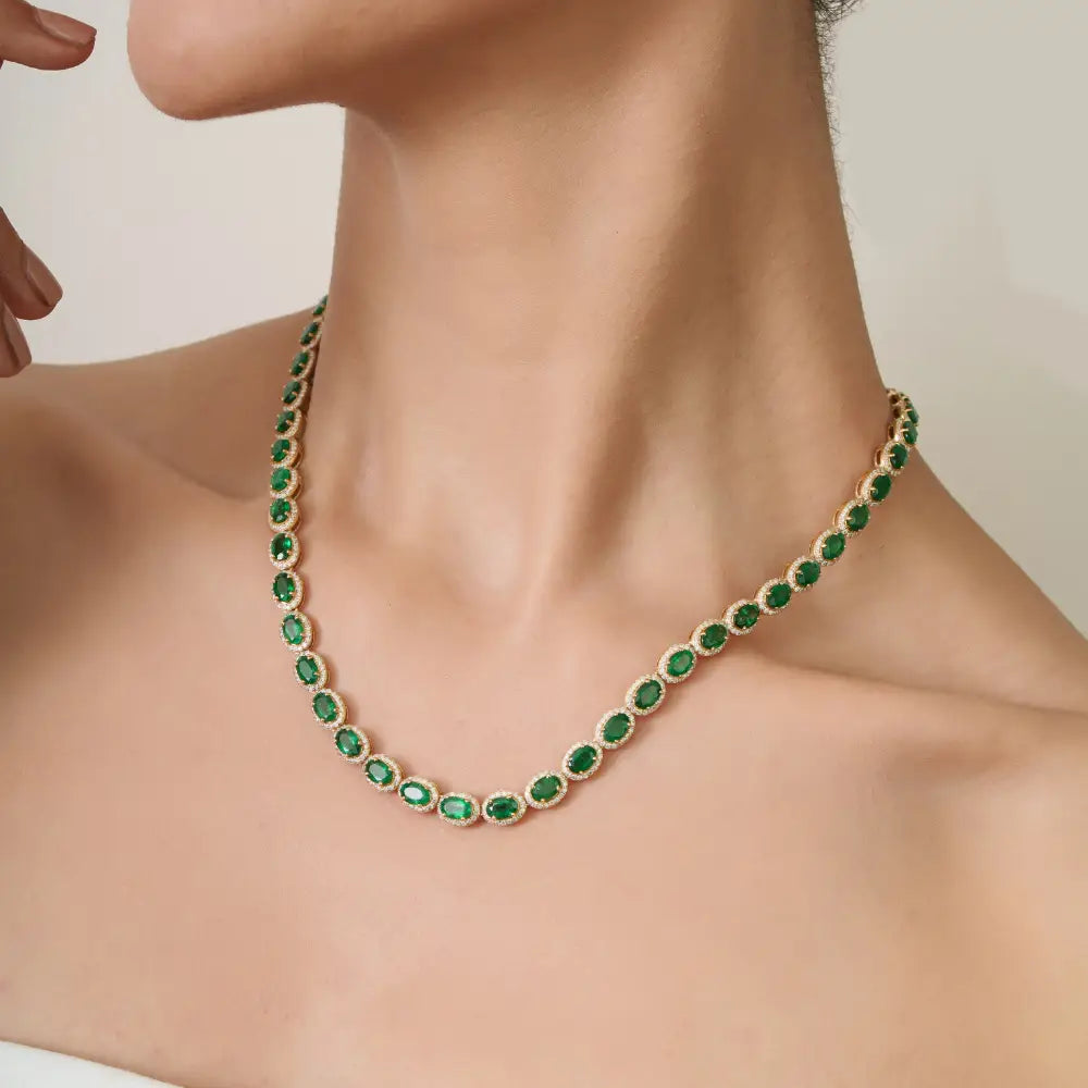 Luxurious 22.13 Ct. Emerald & Diamond Halo Tennis Necklace K18 Yellow Gold Wedding Jewelry