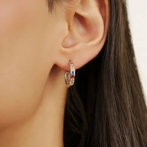 Solid 925 Sterling Silver Round Cut Multi Sapphire Gemstone Hoop Earrings For Women Party Wear Jewelry