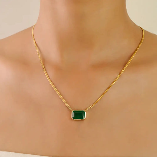 Octagon 11X8 MM Emerald 14K Solid Yellow Gold Single Stone Cuban Chain Pendant Necklace