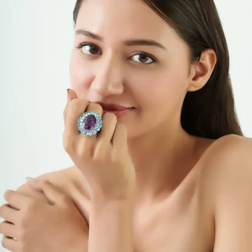 High Quality Natural Amethyst Blue Topaz & Orange Sapphire 925 Silver Bold Statement Ring