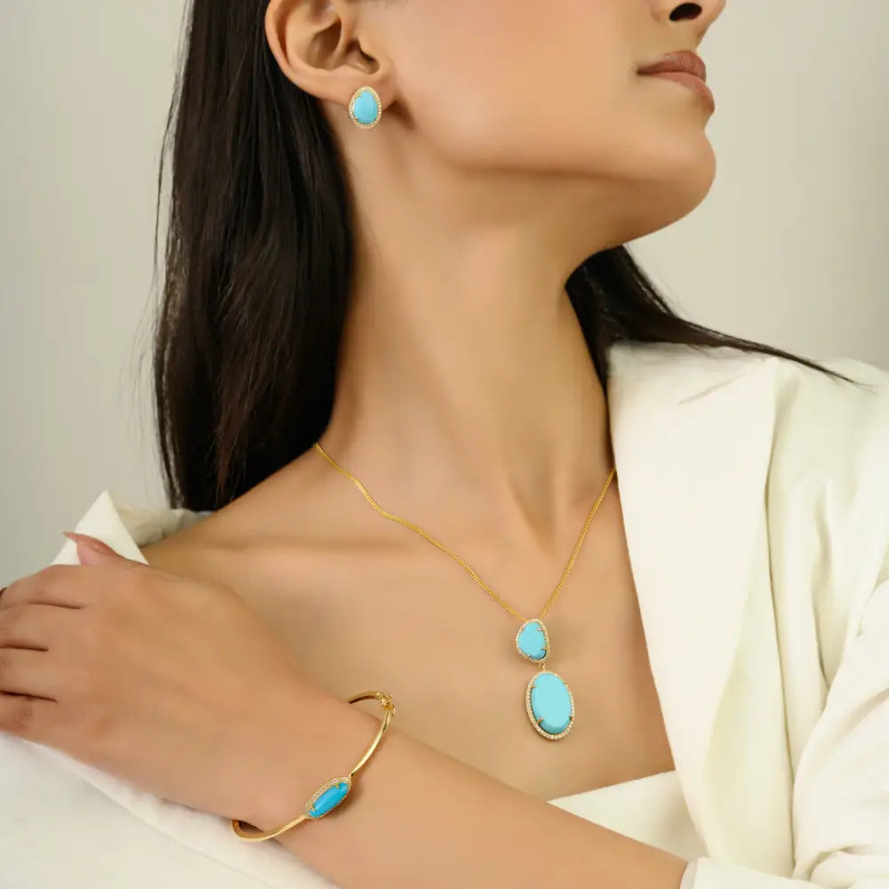 Uneven Shape Turquoise & Diamond Halo Stud Earrings K14 Yellow Gold Women Jewelry